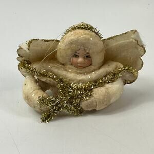 Vintage Mica Angel Ornament Gold Tinsel Star Puffy Felt Wings 3" Christmas Decor